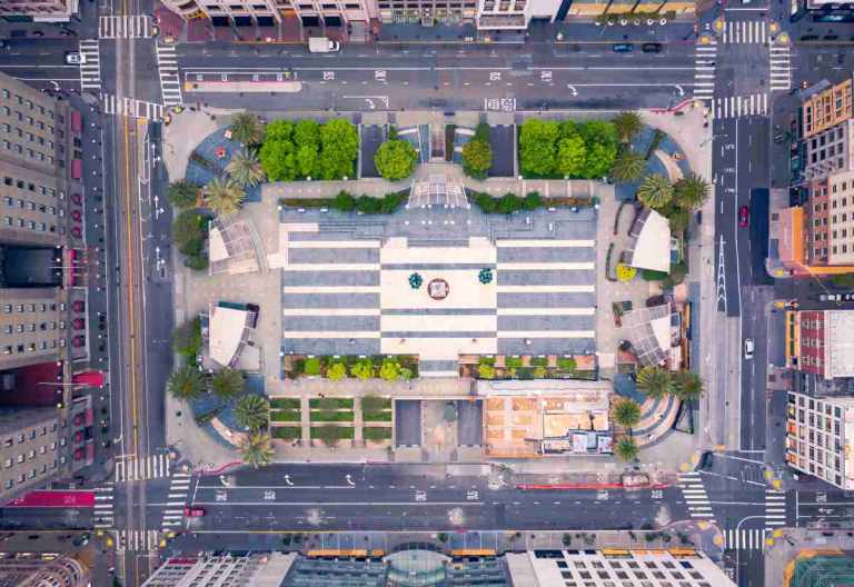 Unexpected Effects of COVID-19 22 Aerial view of empty San Francisco Union Square during the COVID-19 pandemic lockdown.