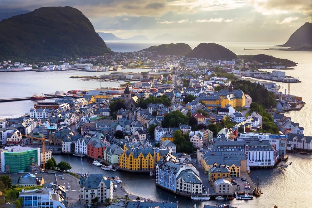 Experience the Western Fjords of Norway 5 The town of Ålesund, Norway in the northern part of the Western Fjords region, seen from above