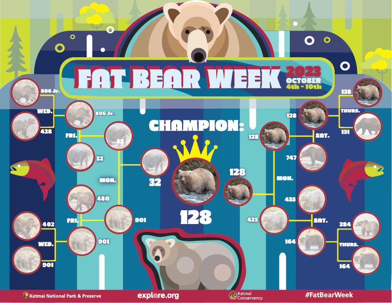 Watch The Bears’ Bulking Season During Fat Bear Week 3 Fat Bear Week 2023 Bracket. Credit: Explore.org and NPS.